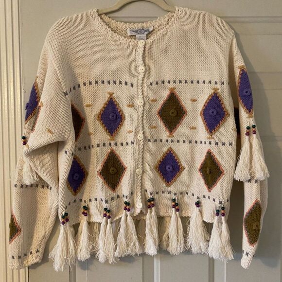 Boho Beaded Fringe Scoop Neck Sweater/Cardigan Women Size M - Picture 5 of 7